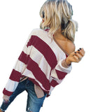 Long Sleeve Loose Striped Skew Collar Sweatshirt