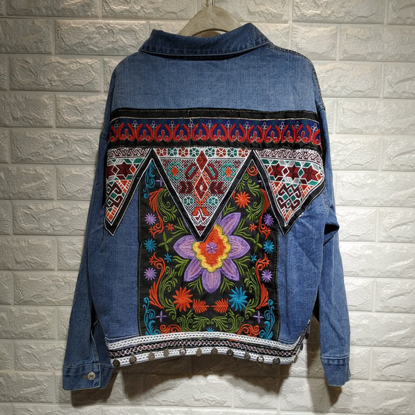 Floral Embroidery Retro Boho Cotton Denim Jacket