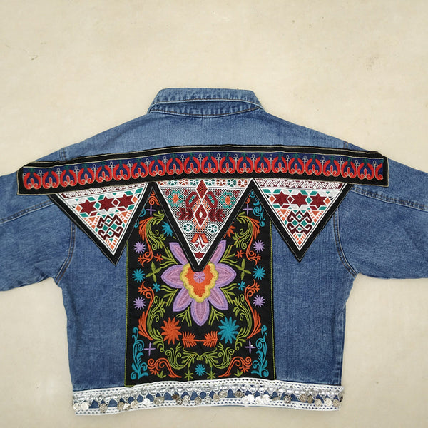 Floral Embroidery Retro Boho Cotton Denim Jacket (Blue One size)