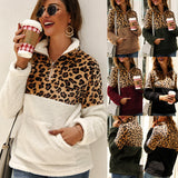 Women Long Sleeve Leopard Pullover Zipper Warm Sweatshirt