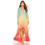 Women Gradient Rainbow Ruffles Pleated Beach Irregular Bohemia Dresses