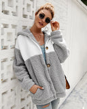 Front Button Stitching Color Plush Hooded Coat