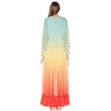 Women Gradient Rainbow Ruffles Pleated Beach Irregular Bohemia Dresses