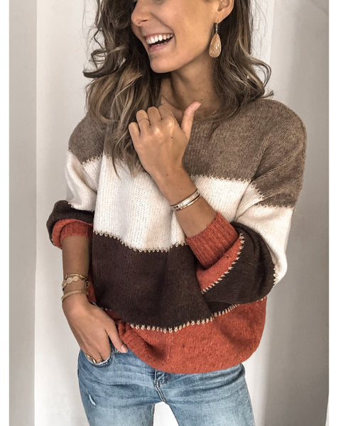 Fashion Patchwork O-neck Warm Knitted Sweaters