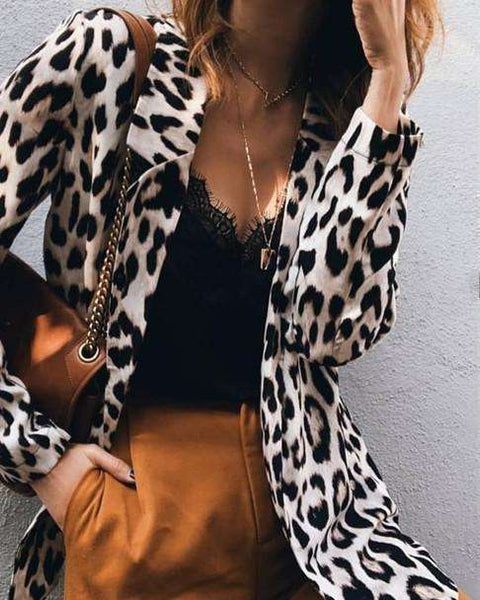 Fashion Loose Leopard print Long sleeve Lapel Blazer