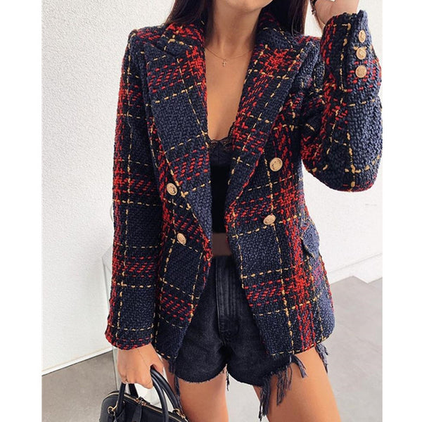 Long Sleeve Notched Collar Double Breasted Plaid Coat