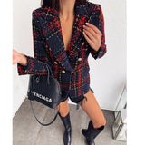 Long Sleeve Notched Collar Double Breasted Plaid Coat