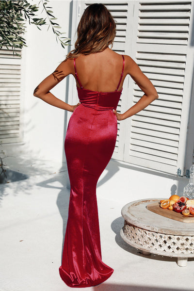 Solid High Waist Suede Spaghetti Strap Fishtail Maxi Dress