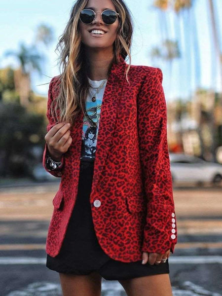 Casual Leopard print Lapel Long sleeve Blazer