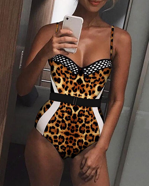 Contrast Color Fishnet Belted One-piece Swimwear