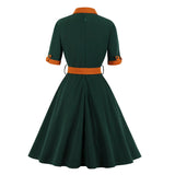 Women Bow Collar Vintage Patchwork Knee-Length Midi Dress