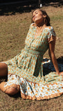 Vintage V-neck Printed Holidy Maxi Dress