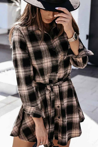 Women Long Sleeve Plaid Shirt Mini T-Shirts