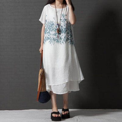Women Summer Long Cotton Linen Print Plus Size Maxi Dress