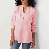 Solid Color V Neck Pocket Blouse