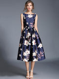 Vintage O-Neck Sleeveless Floral Print A-Line Dress