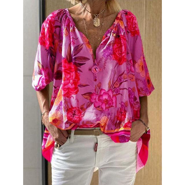 Floral Printed V-Neck Mid-Length Half Sleeve Blouse