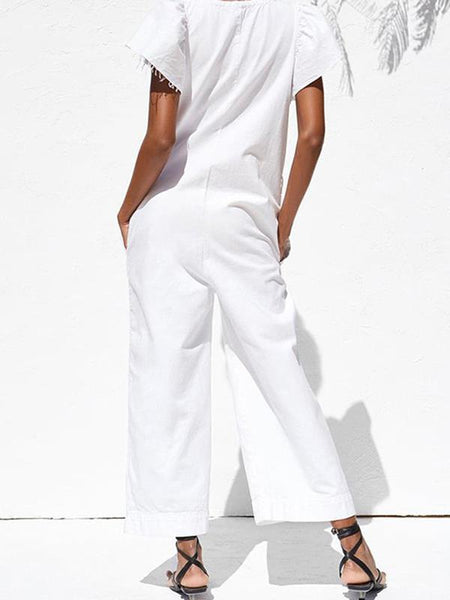 Stylish white V-neck lotus leaf sleeves jumpsuits