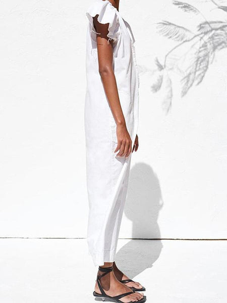 Stylish white V-neck lotus leaf sleeves jumpsuits