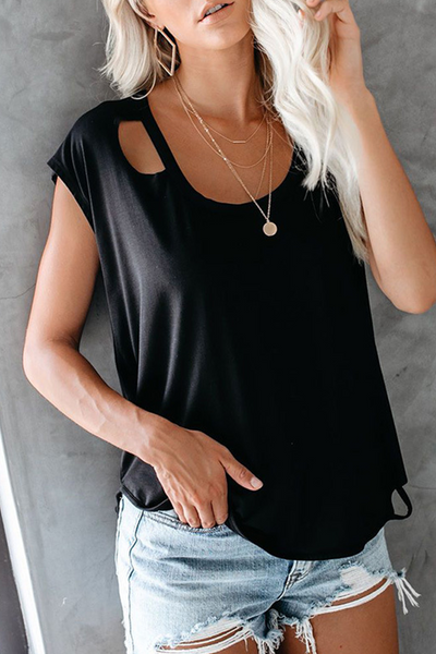 Casual Solid Ripped O Neck T-Shirts