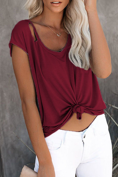 Casual Solid Ripped O Neck T-Shirts