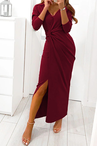 Women Elegant Solid Slit Fold V Neck Evening Dress Dresses