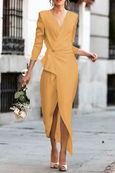 Women Elegant Solid Split Joint Asymmetrical V Neck Pencil Skirt Dresses
