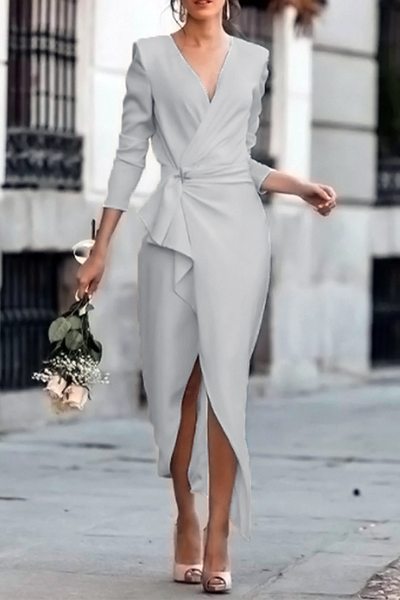 Women Elegant Solid Split Joint Asymmetrical V Neck Pencil Skirt Dresses