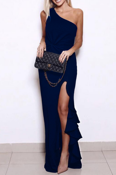 Women Elegant Solid Flounce Slit One Shoulder Evening Dress Maxi Dresses