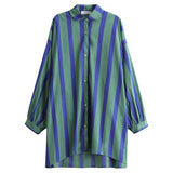 Summer Lapel Long Sleeve Green Striped Printed Irregular Shirt Blouse