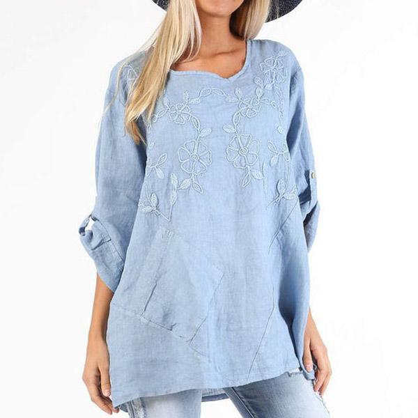 Embroidery Solid Color Loose Blouse