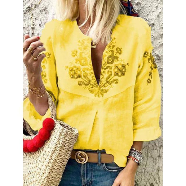 V neck Casual Tribal Printed Frill Sleeve Blouse