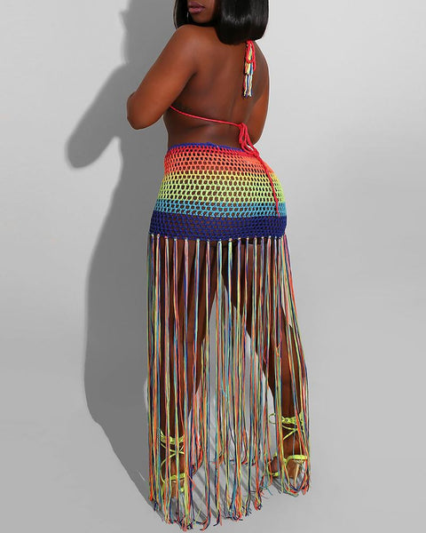 Rainbow Knited Tassel Bikini and Skirts Set