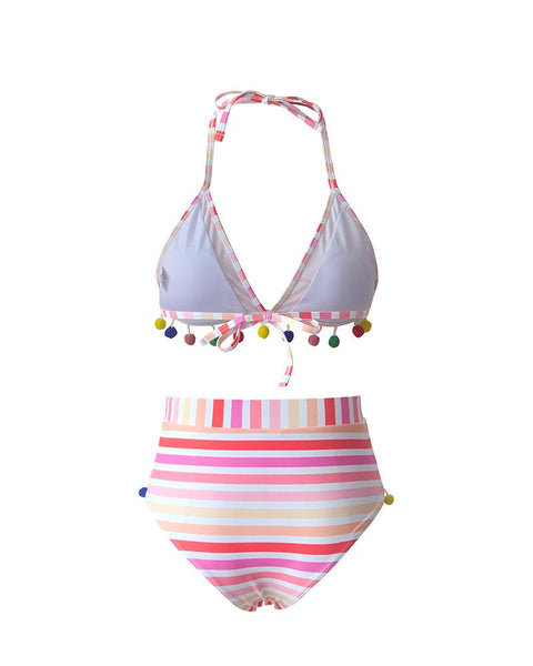 Colorblock Pom Pom High Waist Bikini Set