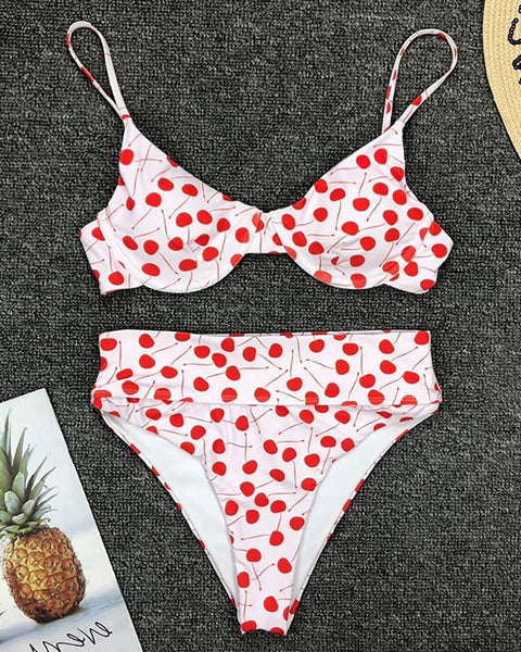 Cherry Print Spaghetti Strap Bikini Sets