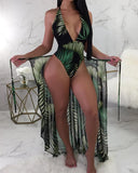 Leaf Print One Piece Swimwear With Cover Up
