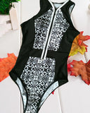 Print Colorblock Zipper Design One-Piece Swimsuit