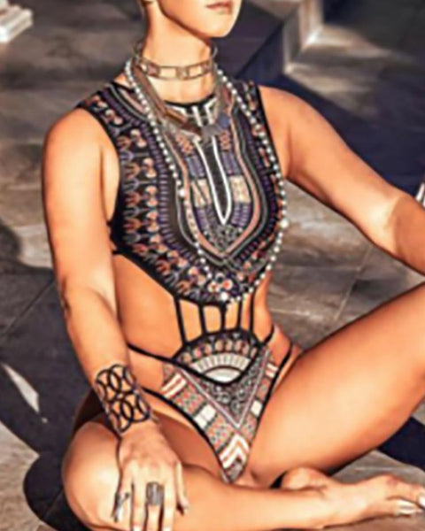 Sexy Tribal Print Caged Elastic Waist One-piece Swimwear