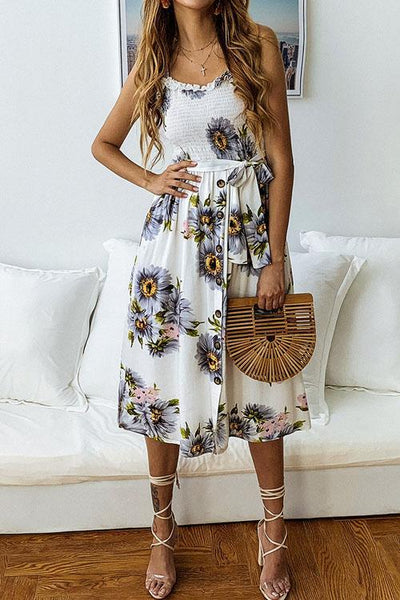 WanaDress Button Sunflower Print Midi Dress