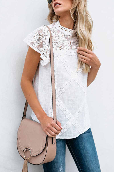 Women Summer Geometric Stitching Lace Short Sleeves Tops (6 Colors)