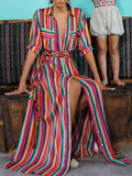 Summer Women Bohemia Striped Shirt Maxi Dress