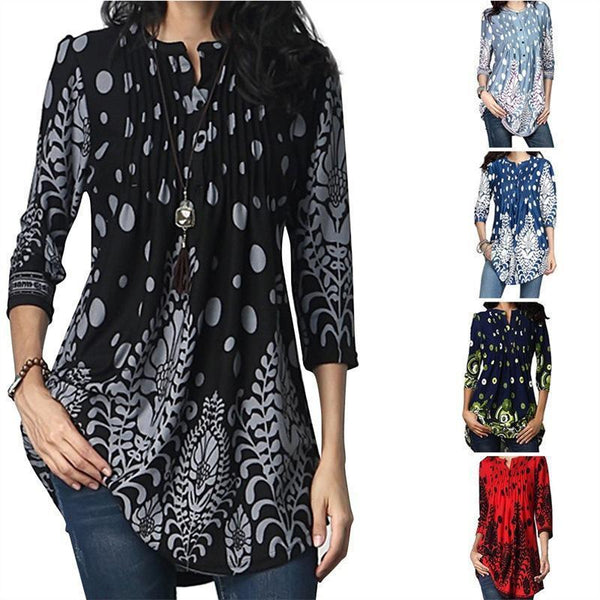 3/4 Sleeve Pintuck Notch Neck Tunic Button Print Ruffle Blouse