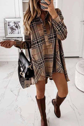 Women Loose Plaid Long Sleeve Shirt Mini T-Shirts