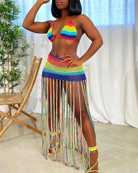 Rainbow Knited Tassel Bikini and Skirts Set