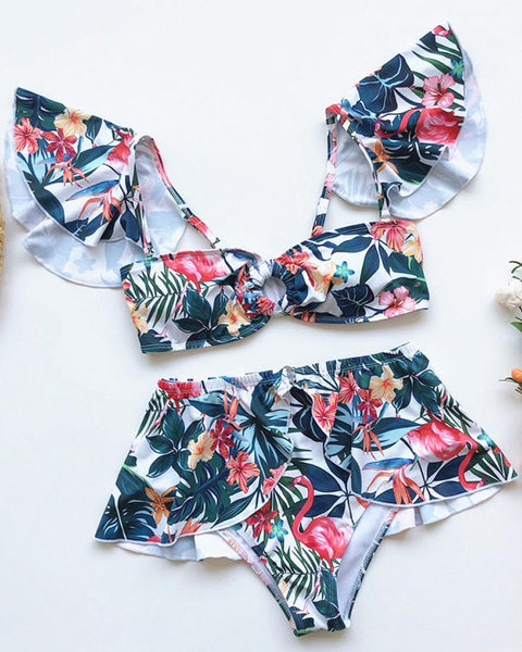 Solid Ruffles Design Bikini Set