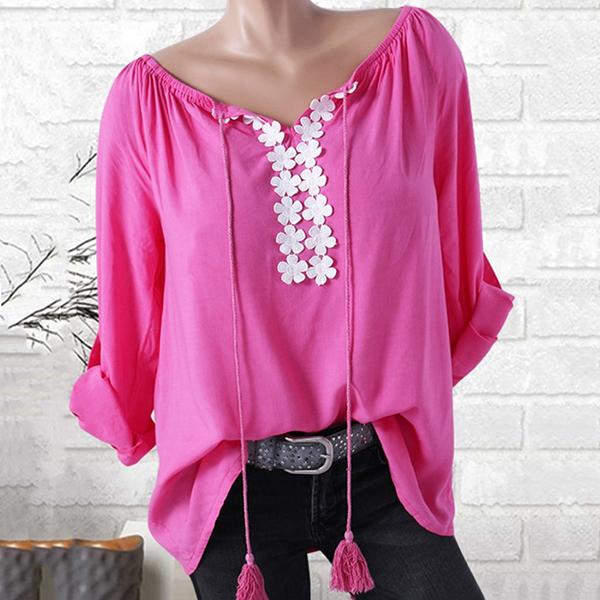 Casual V Neck Tassel Solid Color Blouse