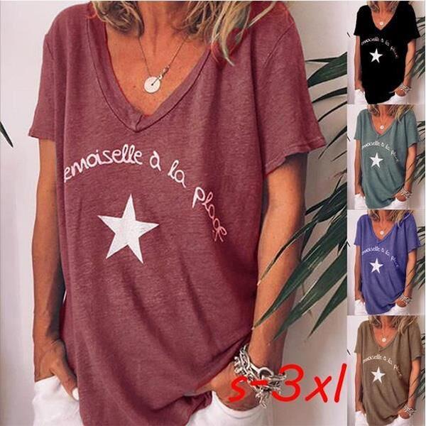 Casual V Neck Letter Printed Short Sleeve T-Shirts