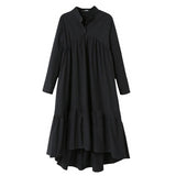 Summer Stand Collar Long Sleeve Black Solid Color Big Size Long Irregular Maxi Dress