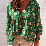 Vintage V-Neck Floral Long Sleeve Tops