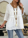 Lace Button Solid Color V Neck Casual Blouse